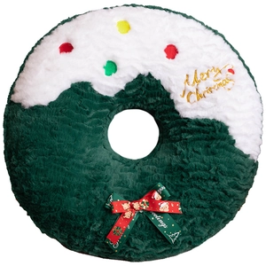 Christmas donut plush pillow in dark green with Merry Christmas embroidery and red bow
