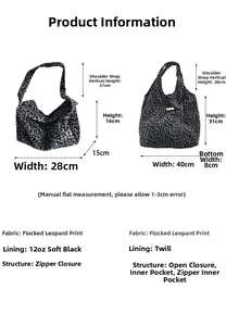 Size chart for leopard print tote bags with detailed measurements and flocking fabric info