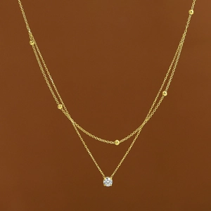 Double Layer Stainless Steel Necklace Gold Plated Round Cubic Zirconia Four Prong Solitaire Bead Clavicle Chain Jewelry