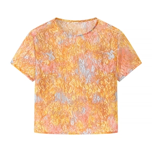 Women's floral print mesh lace crop top with short sleeves and a classic round neck