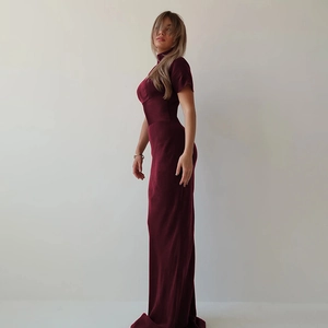 Side view of elegant wine red dress featuring mesh patchwork and stand collar design
