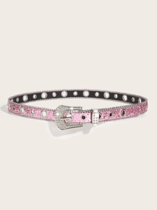 Close-up of pink sequin Y2K belt with silver eyelets and rhinestone square buckle detail