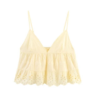 Women's light yellow embroidered eyelet crop top and shorts set with thin straps
