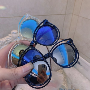 Close-up of children's sunglasses with blue reflective lenses and round plastic frames