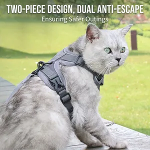 Breathable gray mesh cat harness and leash set with reflective safety design for small dogs
