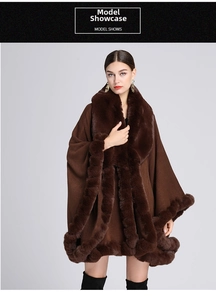 Detail of the soft faux rabbit fur collar and cuffs on the brown knit cardigan shawl