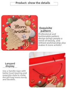 Detail of red Christmas gift bag with gold Merry Christmas text and braided rope handles