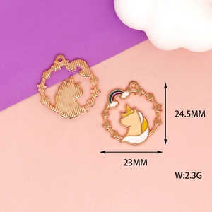 Detail view of colorful unicorn alloy pendant with dimensions 23mm x 24.5mm and 2.3g weight