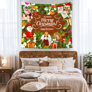 Detailed close-up of Christmas tapestry with Santa, reindeer and pine motifs on wood background