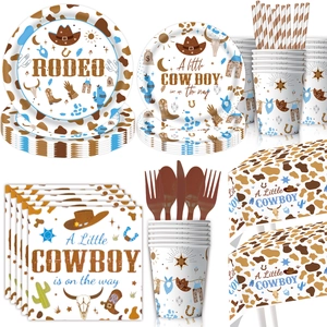 Blue and brown western cowboy party tableware set with boots and cactus prints