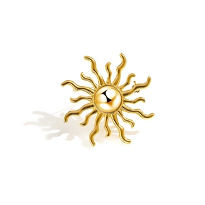 Vintage golden sunburst brooch with polished metallic rays and smooth central sphere