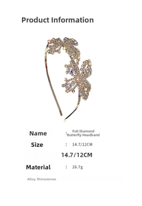 Macro shot of silver crystal butterfly headband with alloy base and size parameters