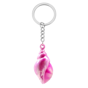 Close-up of pink spiral conch shell keychain with silver metal ring and glossy texture