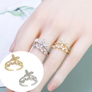 Fashion Double Layer Butterfly Open Adjustable Ring For Women Copper Inlaid Rhinestone Gold Silver Finger Ring Jewelry Gift