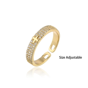 Gold plated geometric open ring with micro-p鑲 zircon cross and adjustable band