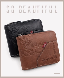 Detail showing matte PU leather men's wallets in black and brown with zipper closure