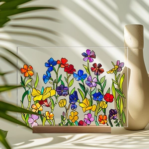 Detailed view of floral acrylic desk ornament with colorful glass texture and wooden base