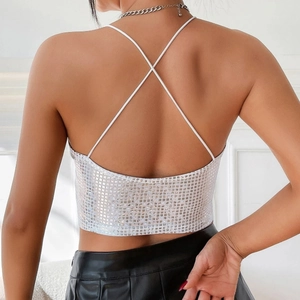 Sparkly silver sequin V-neck crop top with criss-cross back straps for party wear