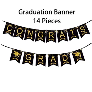 Class of 2026 graduation banner set with black gold Congrats Grad swallowtail flags