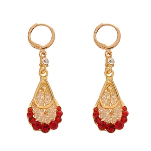 Vintage gold drop earrings with red gemstones and sparkling white zircon accents