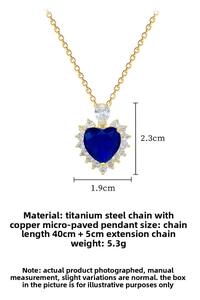 Detail shot of heart-shaped blue zircon necklace with cubic zirconia in 18K gold finish