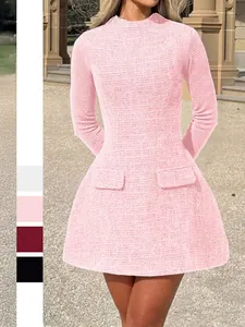 Elegant Tweed Textured Knit Mini Dress Long Sleeve High Neck Backless A-Line Silhouette Fashion Party For Women