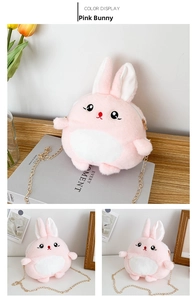 Detailed view of pink plush rabbit shoulder bag with a fine gold metal chain strap