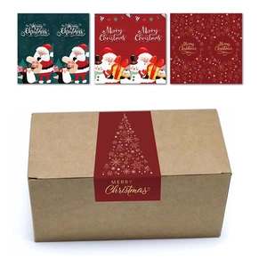 Merry Christmas gift stickers with cartoon patterns on kraft paper boxes, red and green