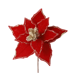 30cm red velvet artificial poinsettia with gold glitter petals for Christmas decor