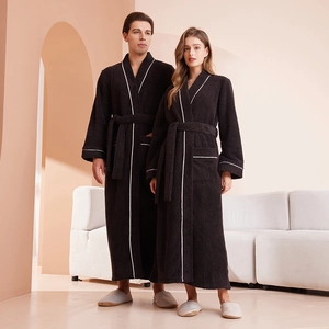 Thick plush couple bathrobe with contrast white trim and waist tie in dark brown