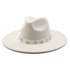 Chic beige wide brim fedora hat with elegant pearl flowers and silver metal studs