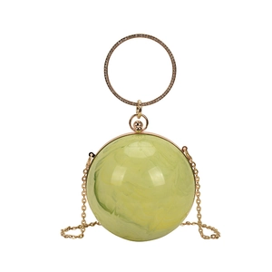 Spherical marble evening clutch bag with rhinestone ring handle and gold chain strap