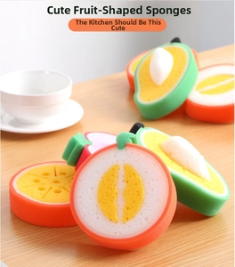 Close-up of fruit-shaped kitchen sponges including watermelon and mango designs