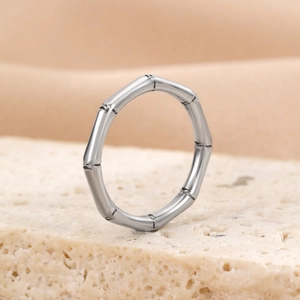 Minimalist silver stainless steel bamboo joint ring on a decorative stone base