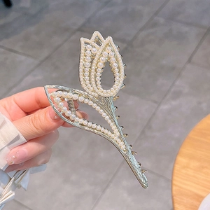 Elegant gold metal tulip hair claw clip with white pearls for women's hairstyles