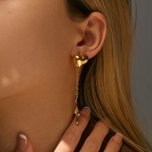 Chic 18K gold plated brass long heart drop earrings with geometric chain tassels for women