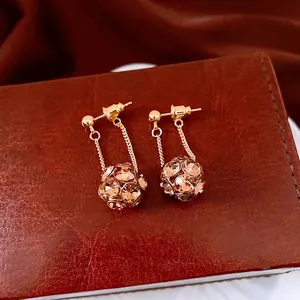 Vintage Copper Drop Earrings With Silver Earring Post Champagne Rhinestone Round Ball Dangle Luxury Jewelry For Women