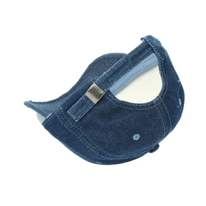 Distressed navy denim baseball cap with silver metal buckle and star rivet detail