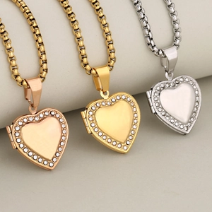 Three heart locket necklaces in rose gold, gold and silver with sparkling rhinestones