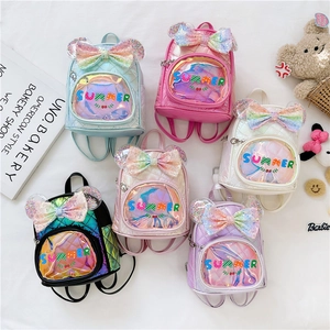 Kids Backpack Cute Sequin Bow Iridescent PU Leather Quilted Mini Schoolbag For Little Girls Kindergarten Princess Style