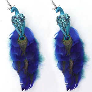 Paire de paons décoratifs bleus avec paillettes et plumes pour sapin de Noël