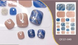 Detail of blue marble and silver glitter toe nail stickers with rhinestones style QYJ21-040