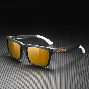 Close-up of matte black frame with polarized orange lens and KDEAM logo on temple