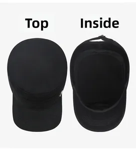 Black cotton cadet hat top view and inner lining detail with adjustable metal buckle