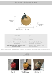 Detailed view of creative apple-shaped mini crossbody bags in red, yellow and green PU leather