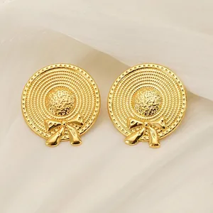 Stud Earrings Stainless Steel 18K Gold Plated Straw Hat Shape Bowknot Woven Texture Retro INS Fashion For Women