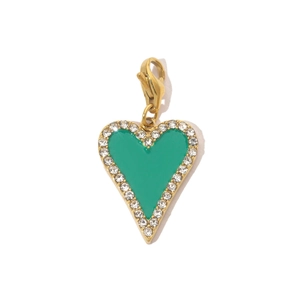 Detailed view of gold heart pendant with green enamel, sparkling crystals and lobster clasp
