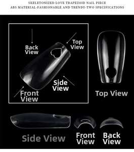 Detailed views of trapezoid nail tips with heart hollow-out design in clear ABS