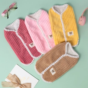 Soft plush dog warm vest in multiple colors with bear patch and cute pompom trim decoration