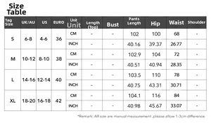 Detailed size chart for women's yoga drawstring pants with waist and hip measurements